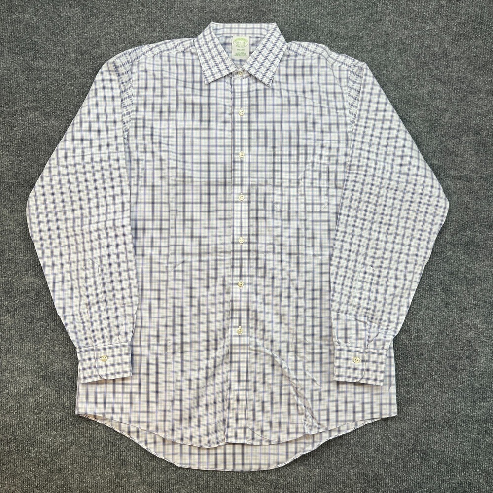 Brooks Brothers Milano Button Up Blue Plaid Non-Iron Casual Mens Shirt 16.5 34